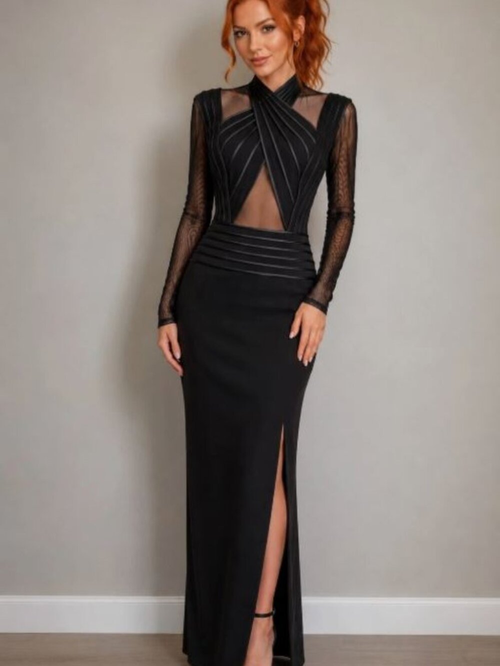 TADASHI Vintage Black Sheer Mesh Long Sleeves Front Slit Formal Gown Size Large